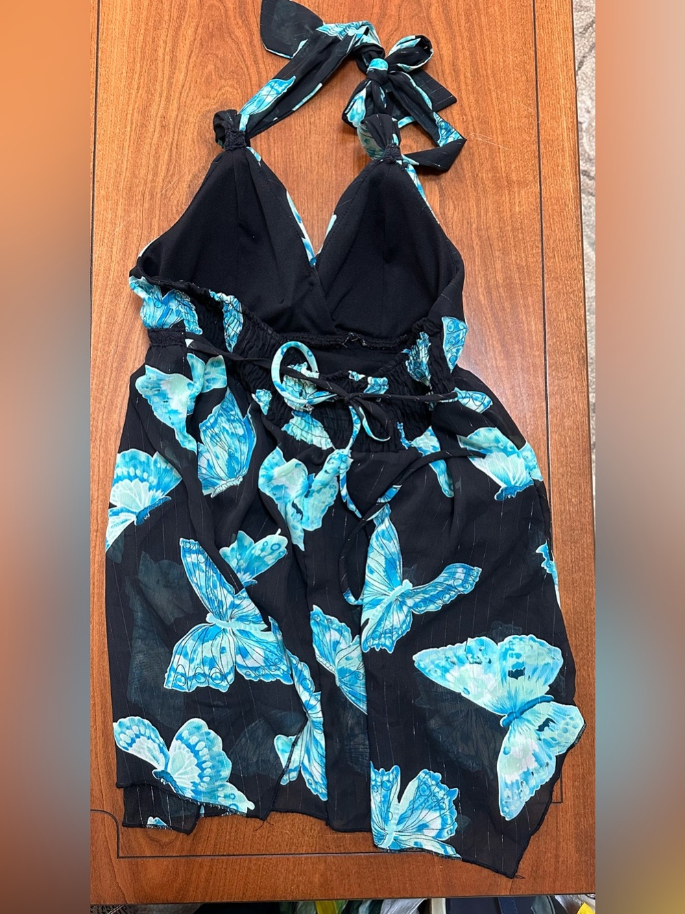 Jordache Butterfly Halter Top Juniors L Black Blue Y2K Handkerchief Hem - Picture 2 of 6